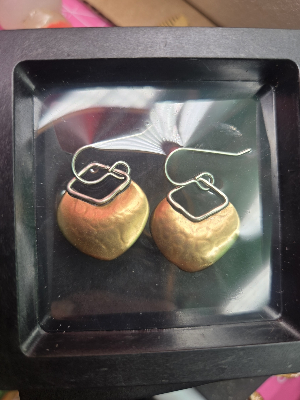 Marjorie Baer dangling earrings featuring a two-tone design of hammered gold-ton